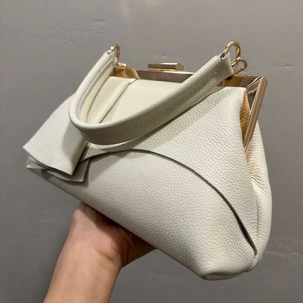 Ivory Pebble Leather Handmade Asymmetrical Ruffles Metal Frame Clutch/Crossbaody - Picture 8 of 16